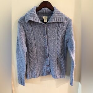 LL Bean Womens Sweater Fisherman Cardigan Cable Knit Wool Blend Blue Medium Reg
